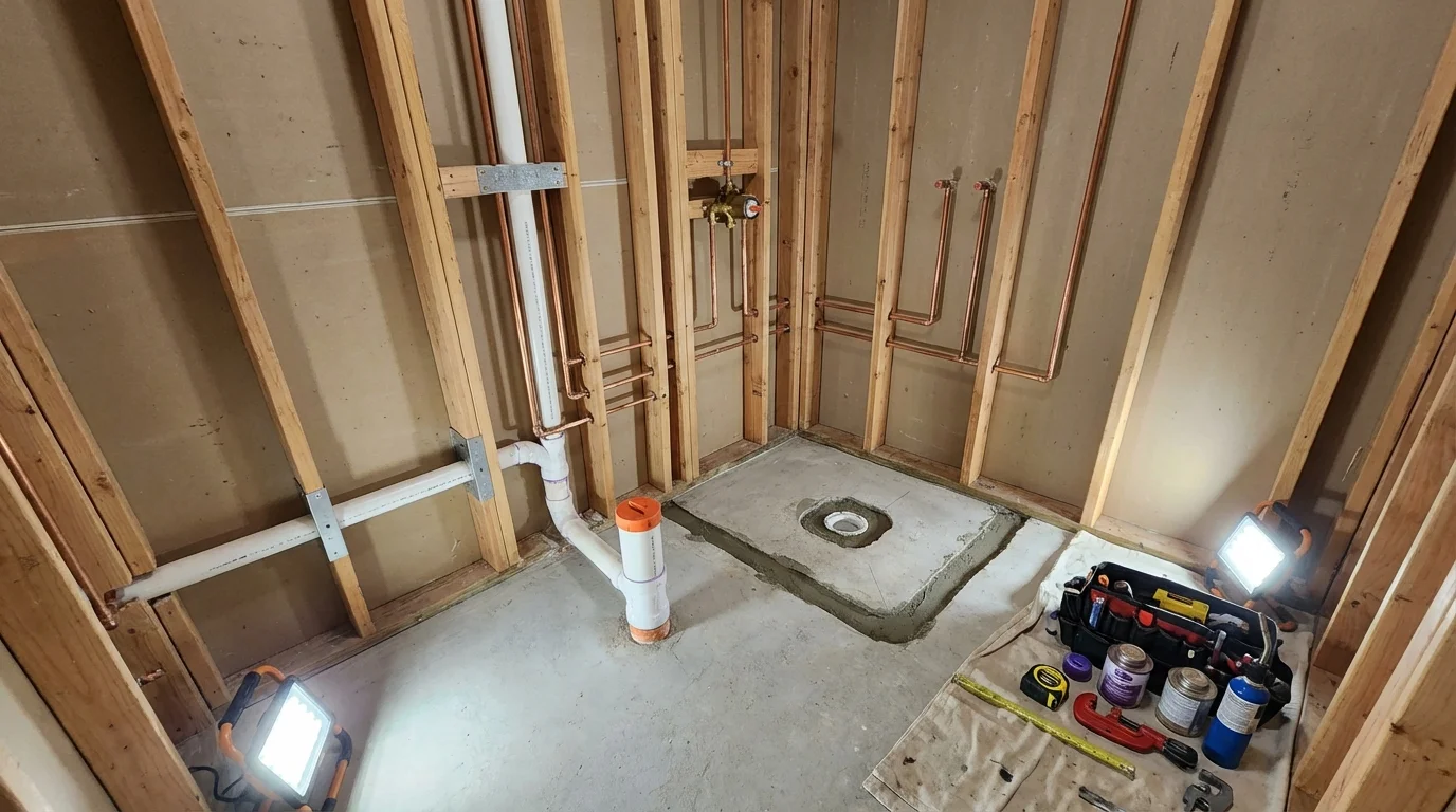 Bathroom rough-in plumbing during remodel by Johns Plumbing LLC in Deweyville