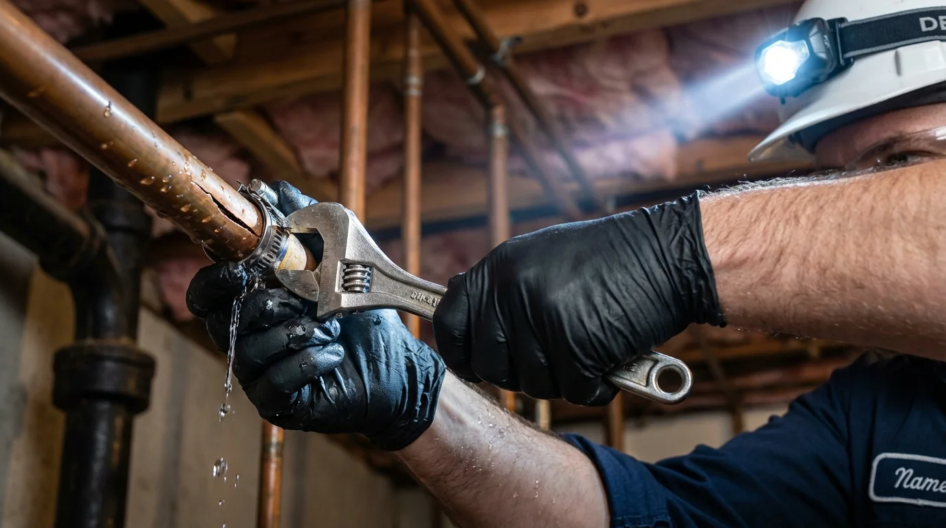 Emergency pipe clamp repair being performed by a Johns Plumbing LLC plumber in Deweyville