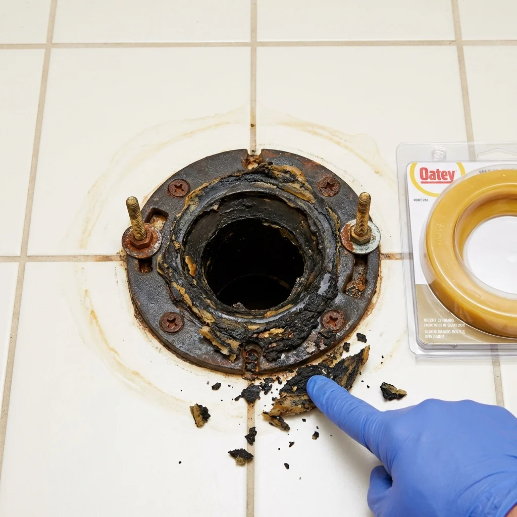 Failed wax ring showing water seepage at the base of a toilet in a Deweyville, TX home