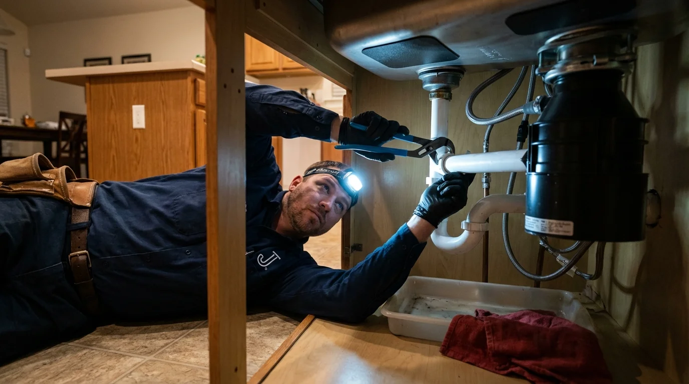 P-trap and supply line connections under a kitchen sink showing a common leak point in Deweyville, TX